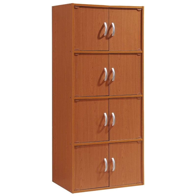 Hodedah 4 Shelf 8 Door Versatil Wooden Bookcase Cabinet in Cherry Finish