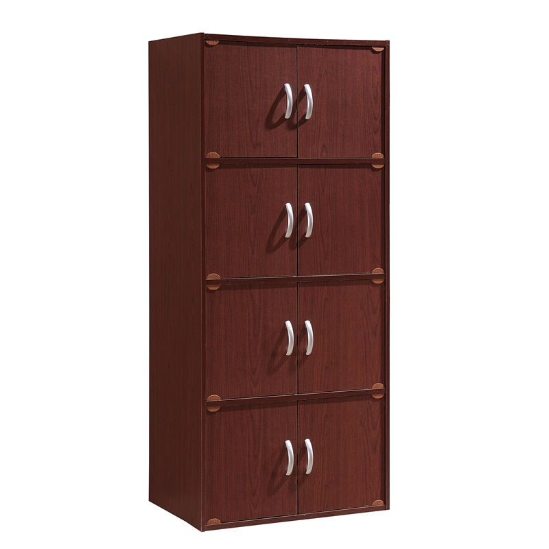 Hodedah 4 Shelf 8 Door Versatil Wooden Bookcase Cabinet in Mahogany Finish