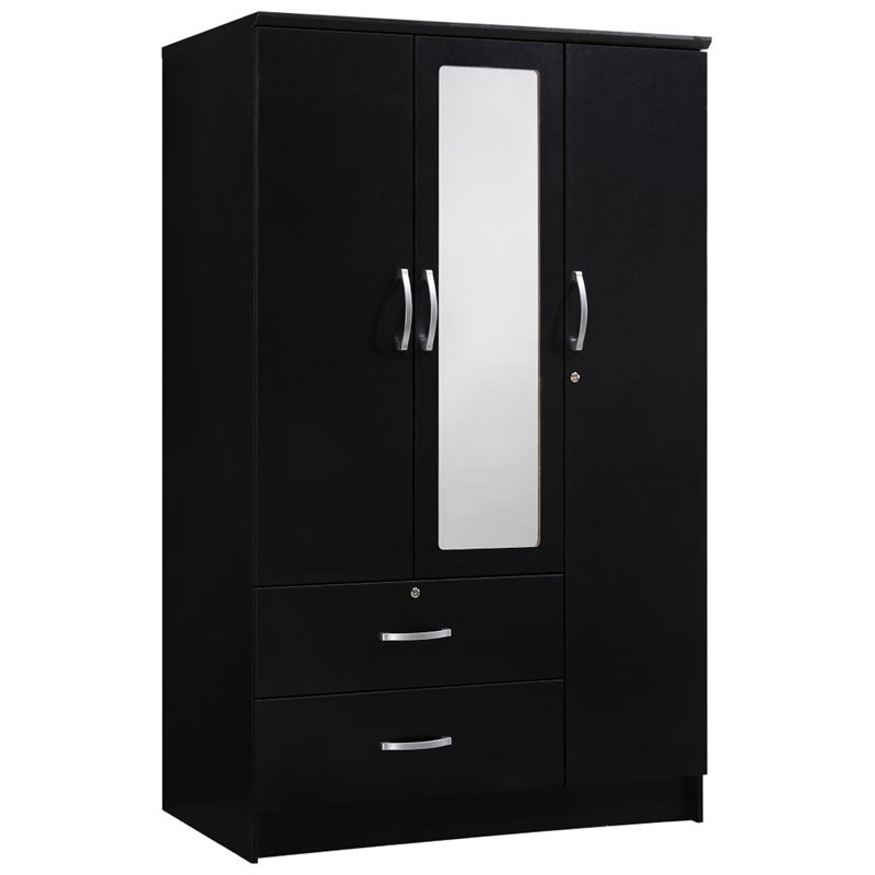 Hodedah 3 Door Armoire with 2 Drawers plus Mirror in Black HID4400 BLACK