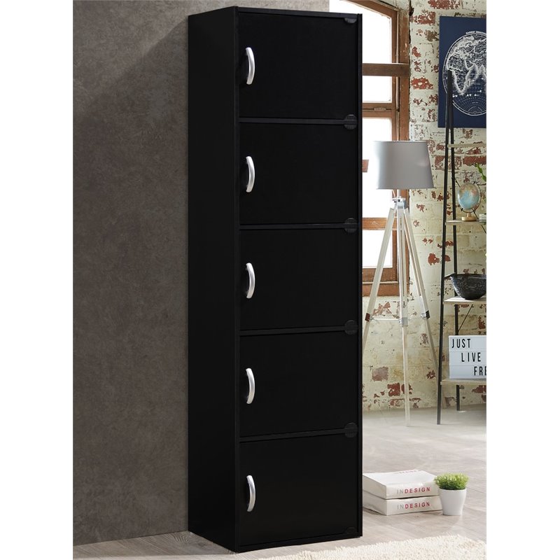 Hodedah 5 Shelf 5 Door Multi-Purpose Wooden Bookcase in Black Finish