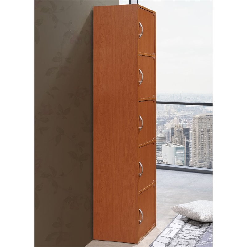 Hodedah 5 Shelf 5 Door Multi-Purpose Wooden Bookcase in Cherry Finish