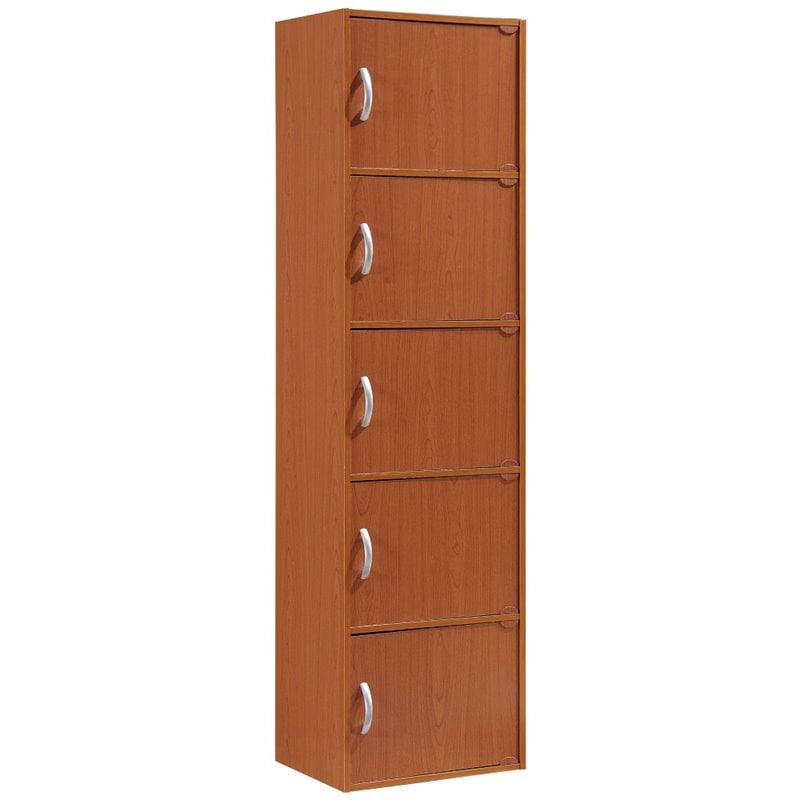 Hodedah 5 Shelf 5 Door Multi-Purpose Wooden Bookcase in Cherry Finish