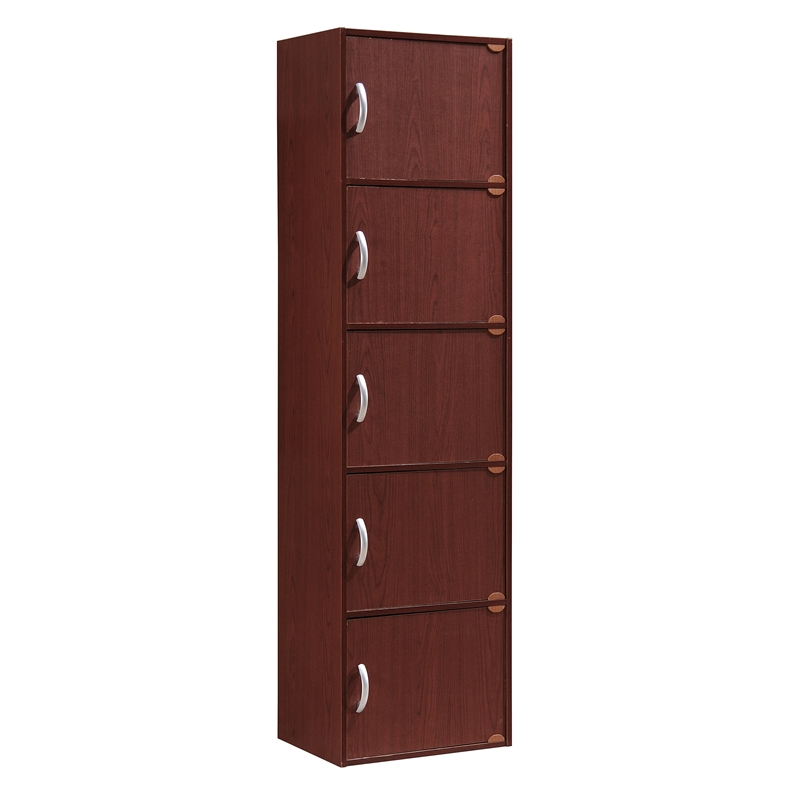Hodedah 5 Shelf 5 Door Multi-Purpose Wooden Bookcase in Mahogany Finish