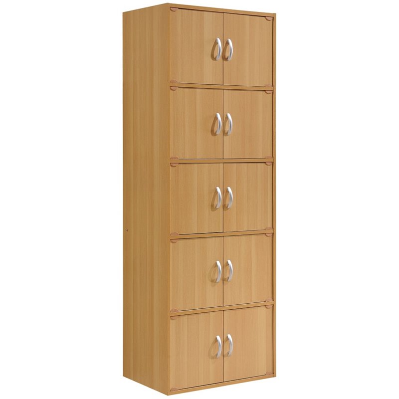 Hodedah 5 Shelf 10 Door Multi-Purpose Wooden Bookcase in Beige Finish