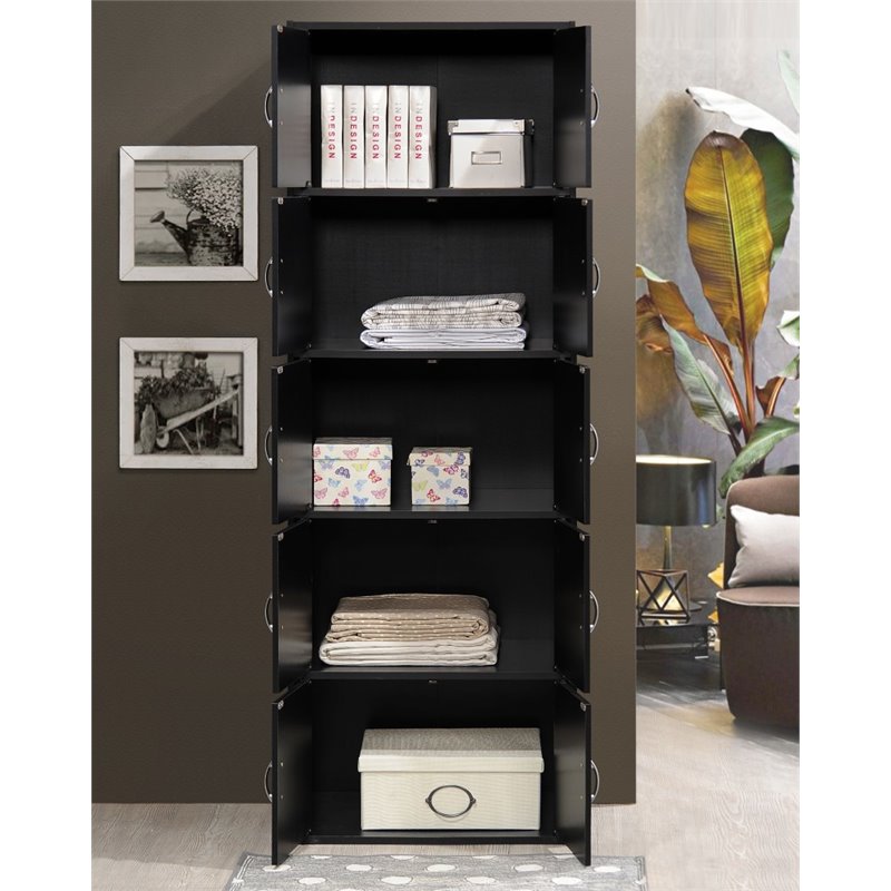 Hodedah 5 Shelf 10 Door Multi-Purpose Wooden Bookcase in Black Finish