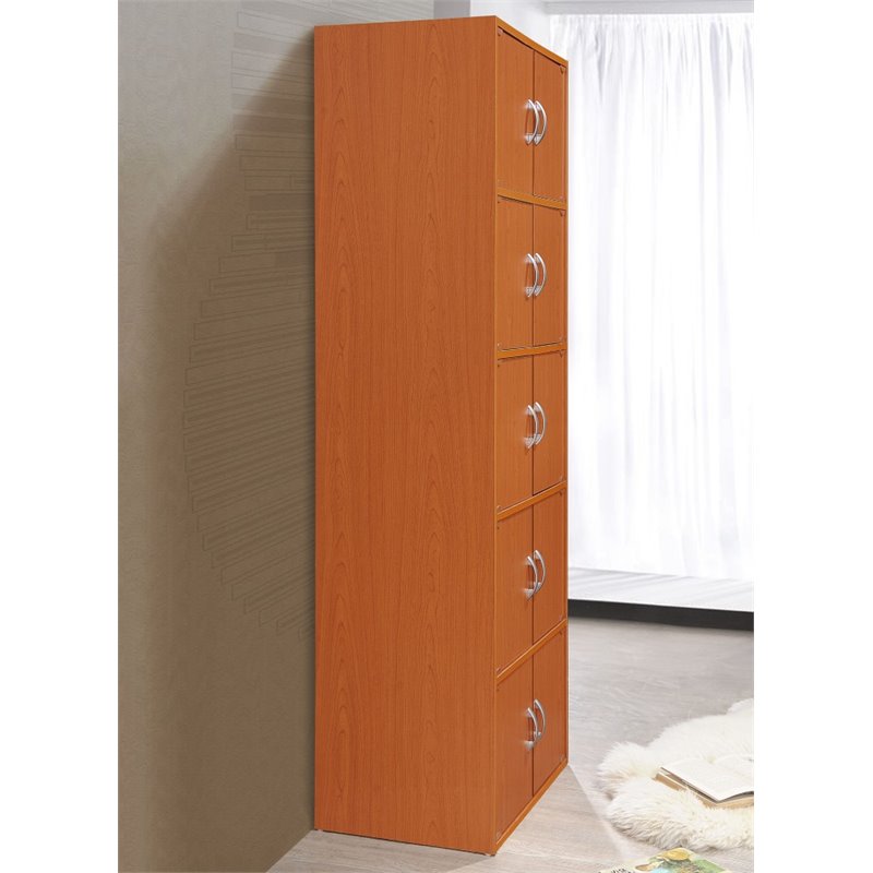 Hodedah 5 Shelf 10 Door Multi-Purpose Wooden Bookcase in Cherry Finish