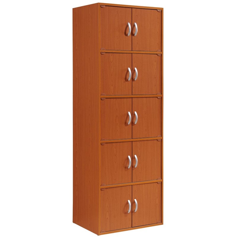 Hodedah 5 Shelf 10 Door Multi-Purpose Wooden Bookcase in Cherry Finish