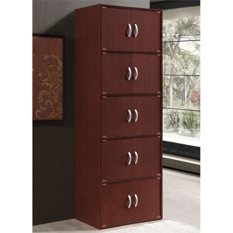 Hodedah 5 Shelf 10 Door Multi-Purpose Wooden Bookcase in Mahogany Finish