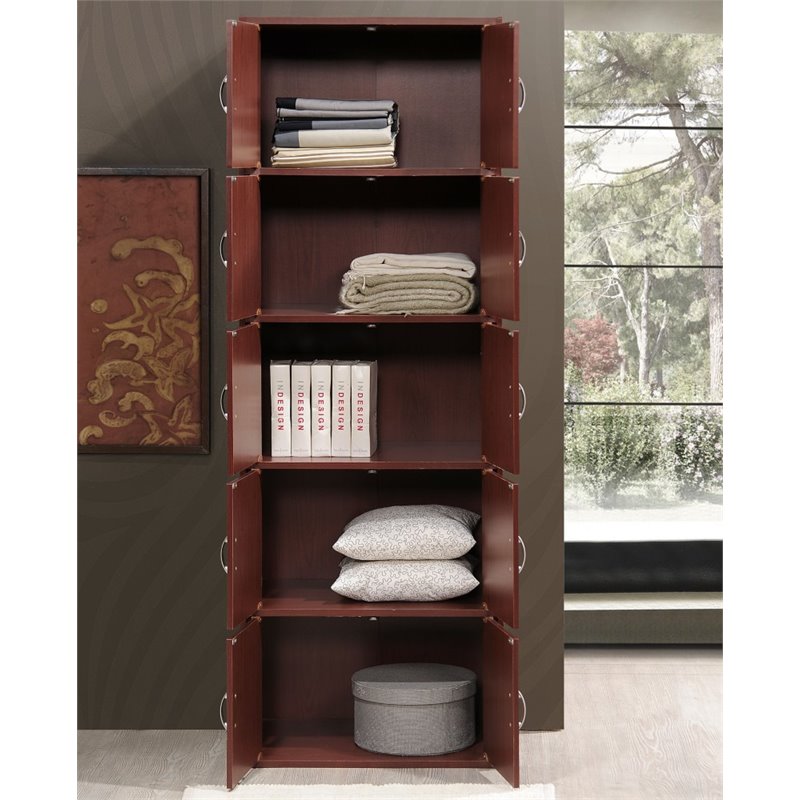 Hodedah 5 Shelf 10 Door Multi-Purpose Wooden Bookcase in Mahogany Finish