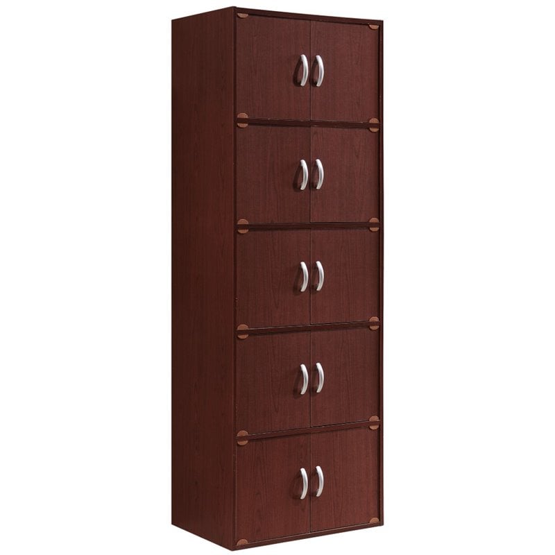 Hodedah 5 Shelf 10 Door Multi-Purpose Wooden Bookcase in Mahogany Finish