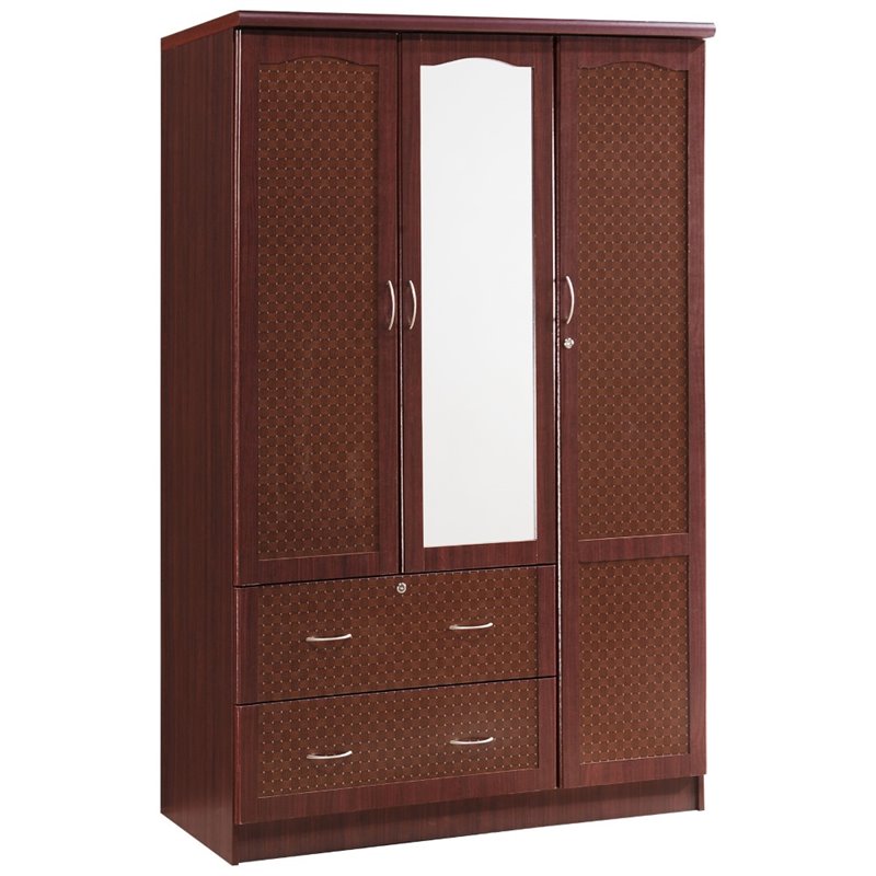 Hodedah 3 Door Armoire with 2 Drawers plus Mirror in Mahogany HIF441