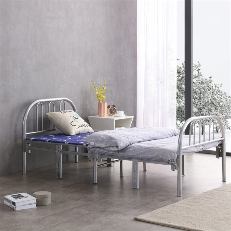Hodedah Folding Bed with Headboard-Footboard and Metal Frame in Silver Finish