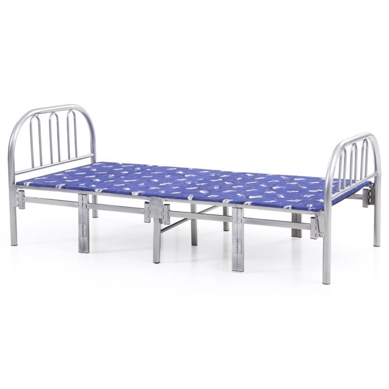 Hodedah Folding Bed with Headboard-Footboard and Metal Frame in Silver Finish