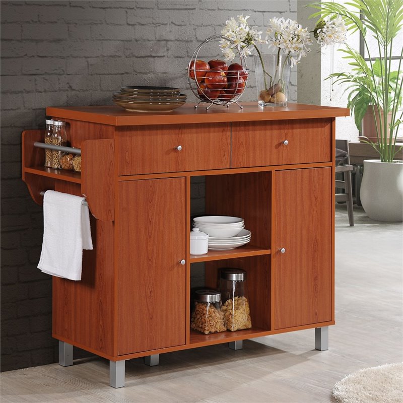 Hodedah Kitchen Island with Spice Rack plus Towel Holder in Cherry Wood