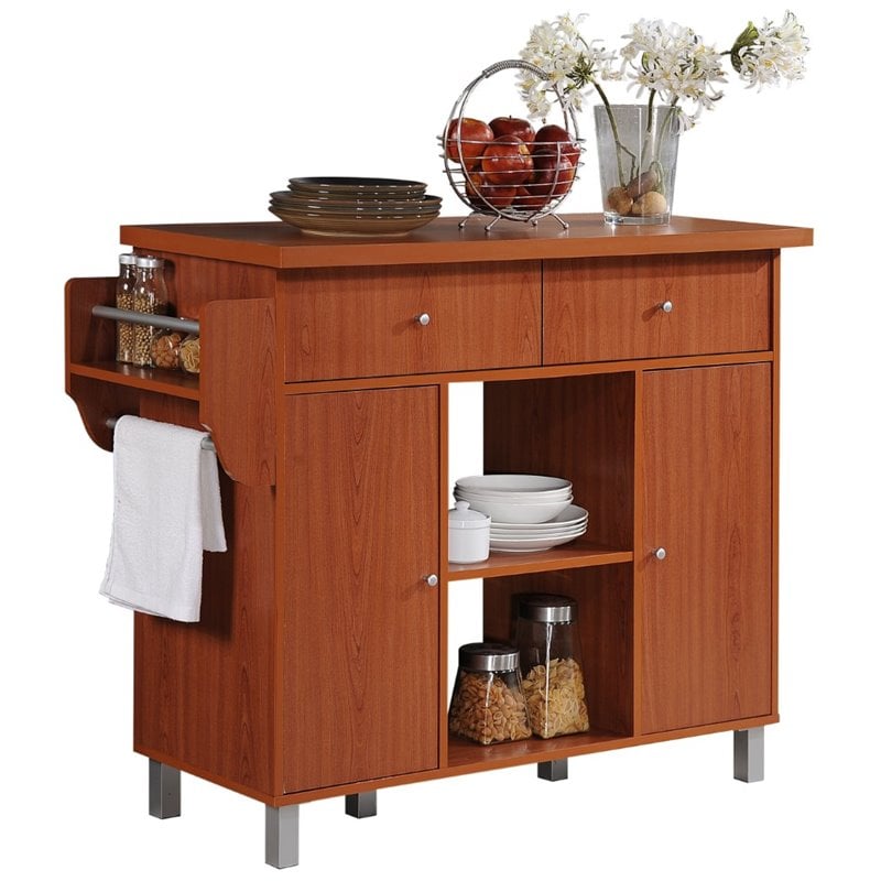 Hodedah Kitchen Island with Spice Rack plus Towel Holder in Cherry Wood