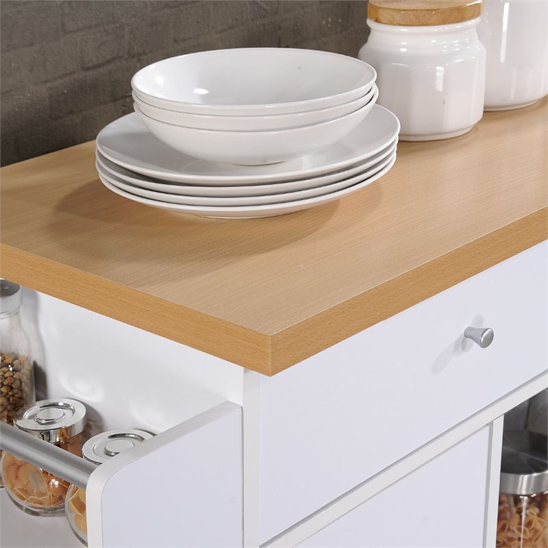 Hodedah Kitchen Island with Spice Rack plus Towel Holder in White Wood