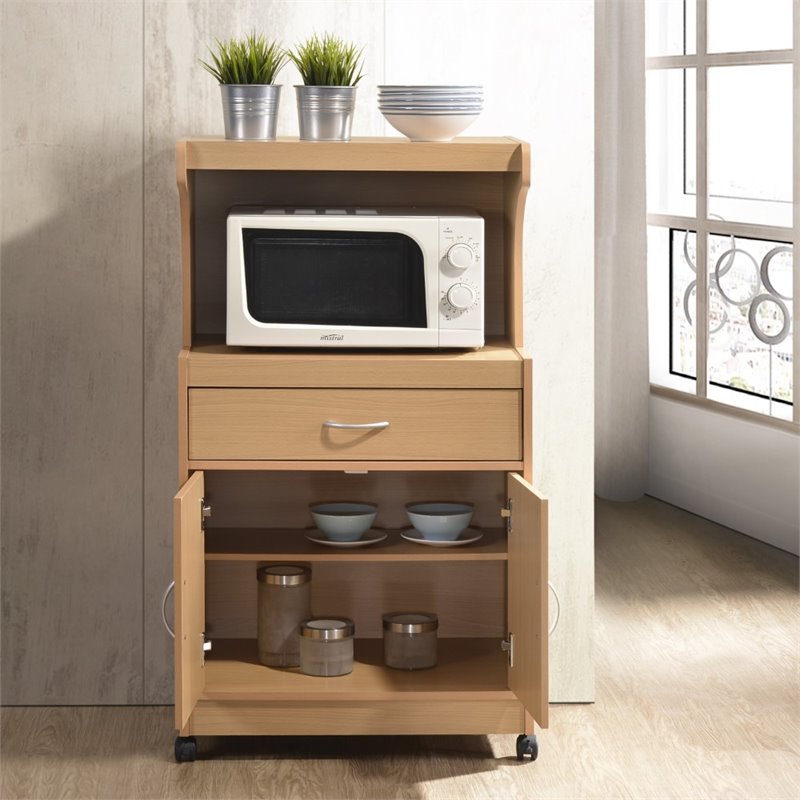 Hodedah Microwave Contemporary Wooden Kitchen Cart in Beige Finish