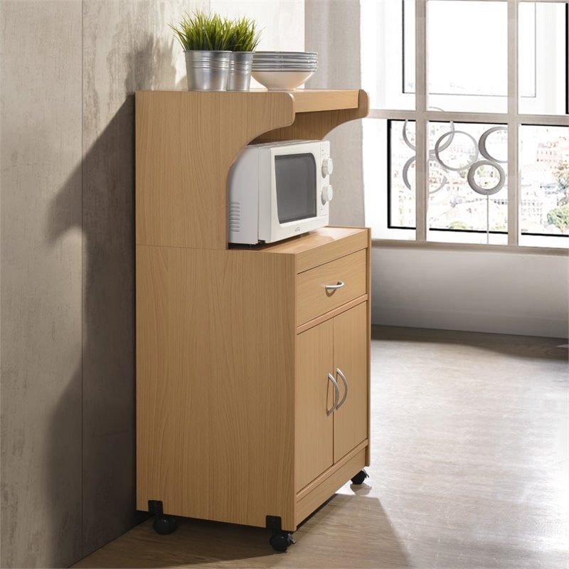 Hodedah Microwave Contemporary Wooden Kitchen Cart in Beige Finish
