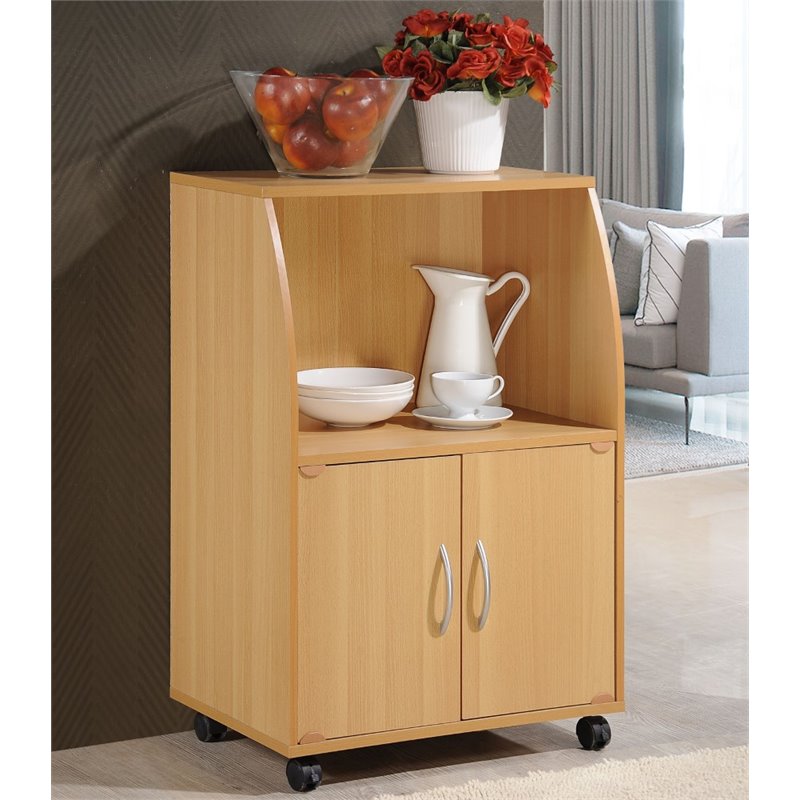 Hodedah Modern Wooden Microwave Kitchen Cart in Beige Finish