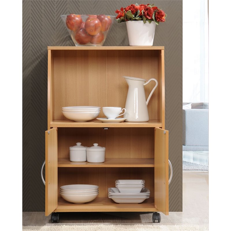 Hodedah Modern Wooden Microwave Kitchen Cart in Beige Finish