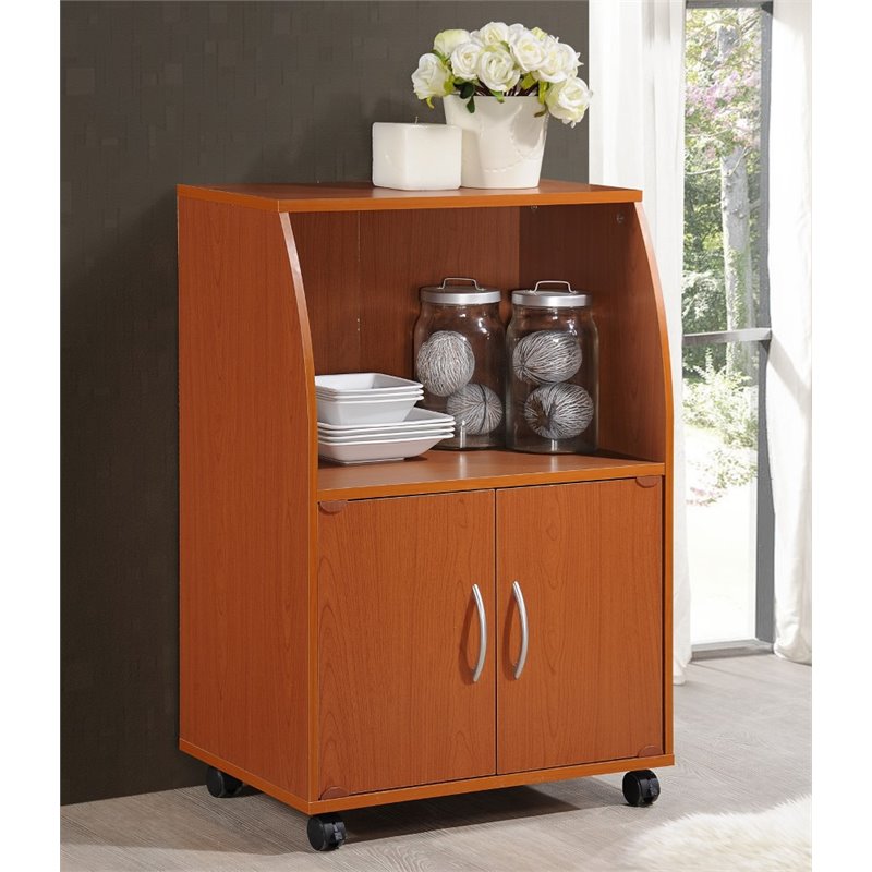 Hodedah Modern Wooden Microwave Kitchen Cart in Cherry Finish