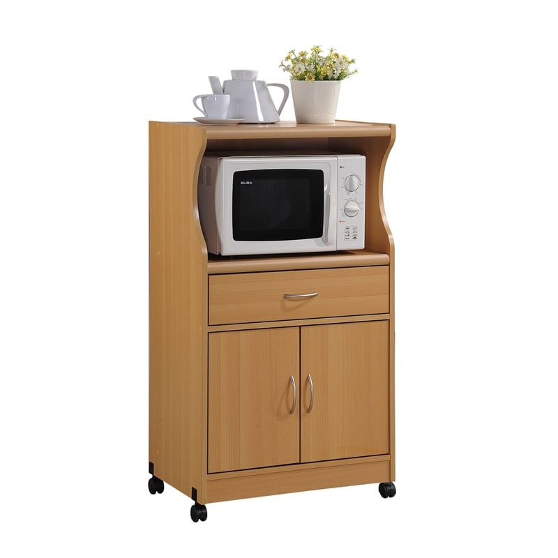 Hodedah Microwave Contemporary Wooden Kitchen Cart in Beige Finish