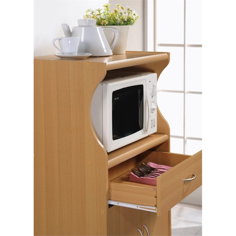 Hodedah Microwave Contemporary Wooden Kitchen Cart in Beige Finish