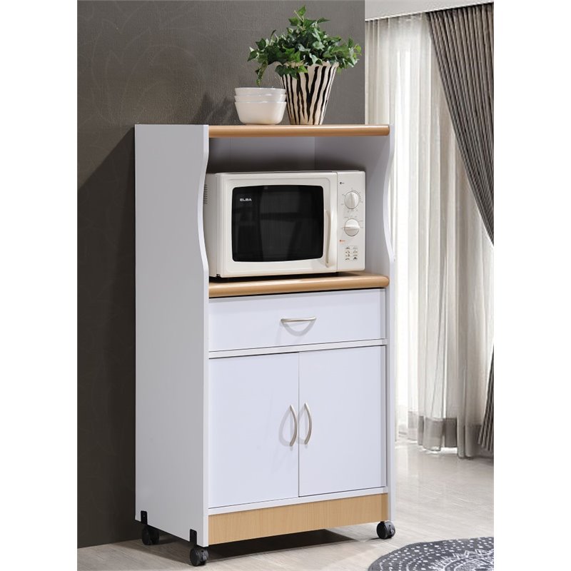 Hodedah Microwave Contemporary Wooden Kitchen Cart in White Finish