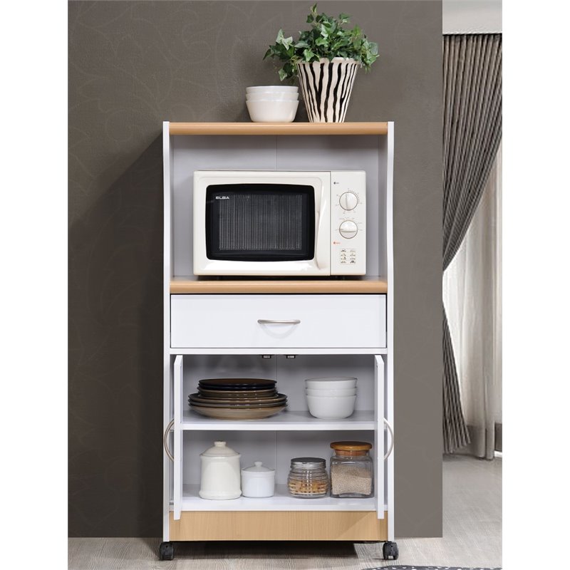 Hodedah Microwave Contemporary Wooden Kitchen Cart in White Finish