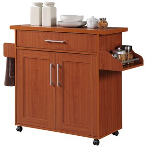Hodedah Kitchen Island with Spice Rack plus Towel Holder in Cherry Wood