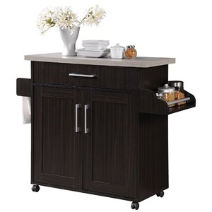 Hodedah Kitchen Island with Spice Rack plus Towel Holder in Chocolate-Gray Wood
