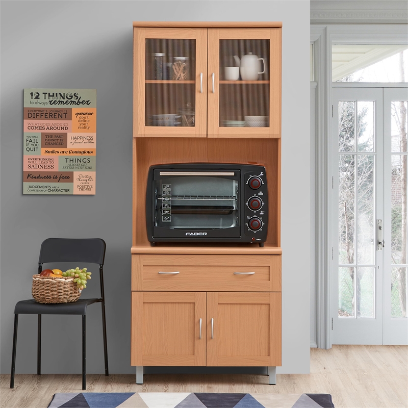 Hodedah Kitchen Cabinet with Top and Bottom Enclosed Cabinet Space in Beige Wood