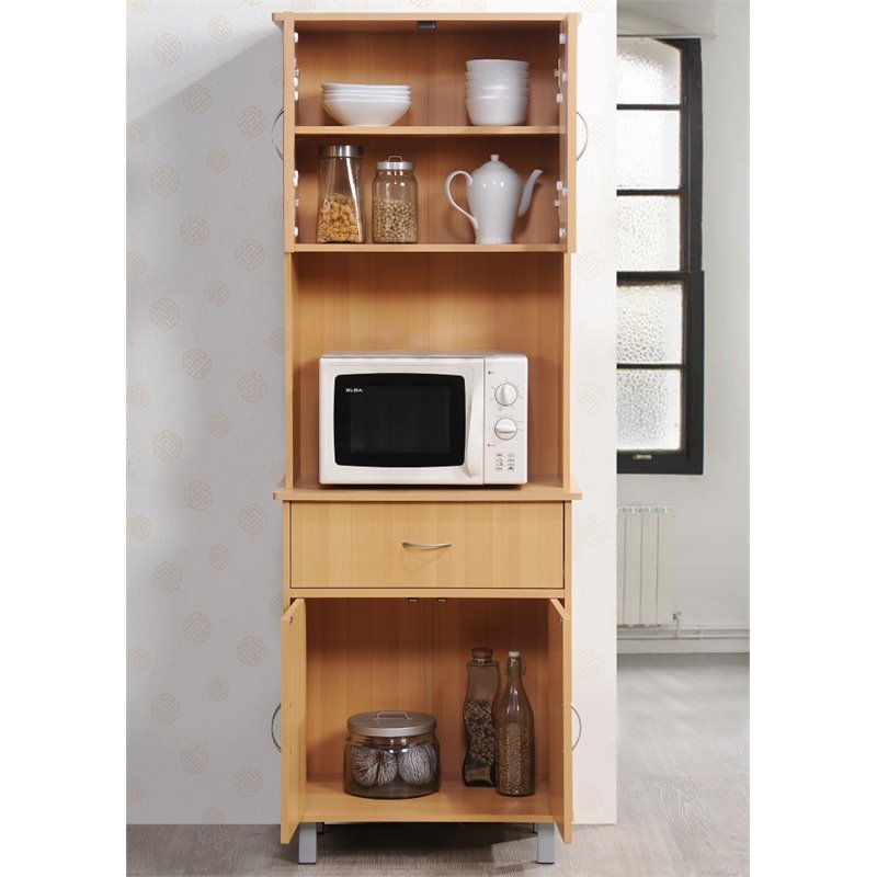 Hodedah Kitchen China with 4-Door 1-Drawer and Microwave Space in Beige Wood