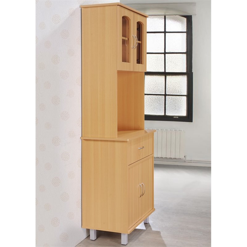 Hodedah Kitchen China with 4-Door 1-Drawer and Microwave Space in Beige Wood