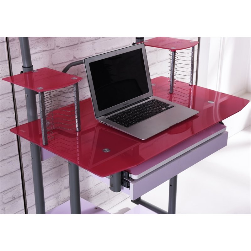 Hodedah Tempered Glass Computer Desk in Pink HIS210 PINK