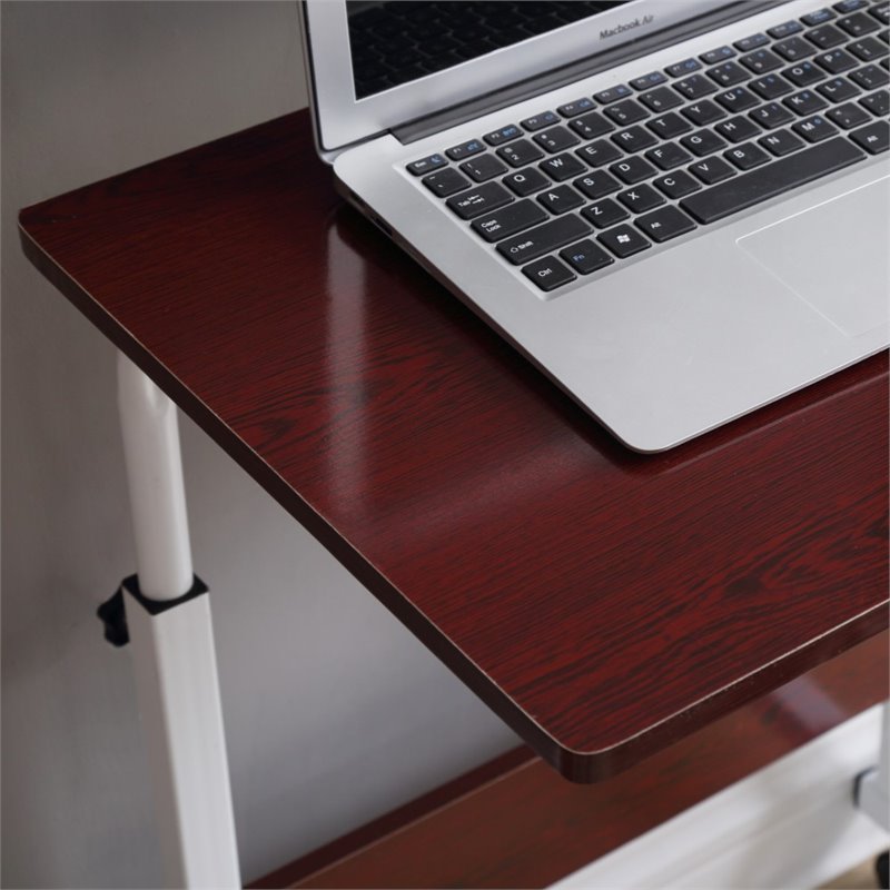 Hodedah Adjustable Height Wood Top Laptop Desk on Wheels in Mahogany
