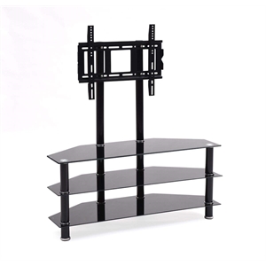 Hodedah 49.2&quot Wide Glass TV Stand with 3 Shelves and Mount in Black