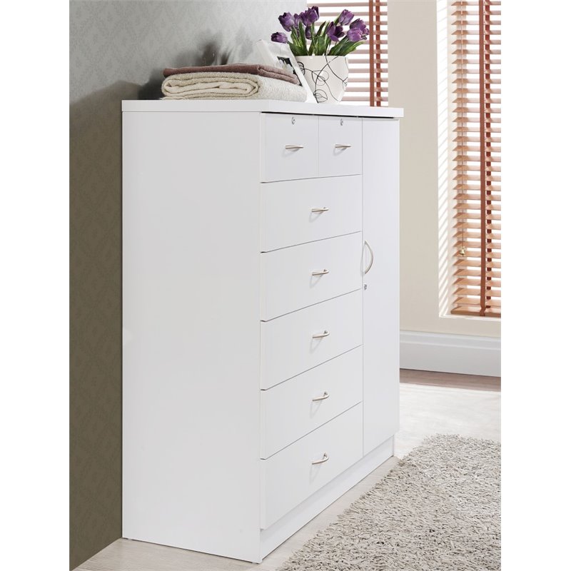Hodedah 7 Drawer Chest with Locks on 2 Drawers and 1 Door in White Wood