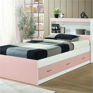Hodedah Twin Size Captain Bed with 3 Drawers and Headboard in Pink Wood