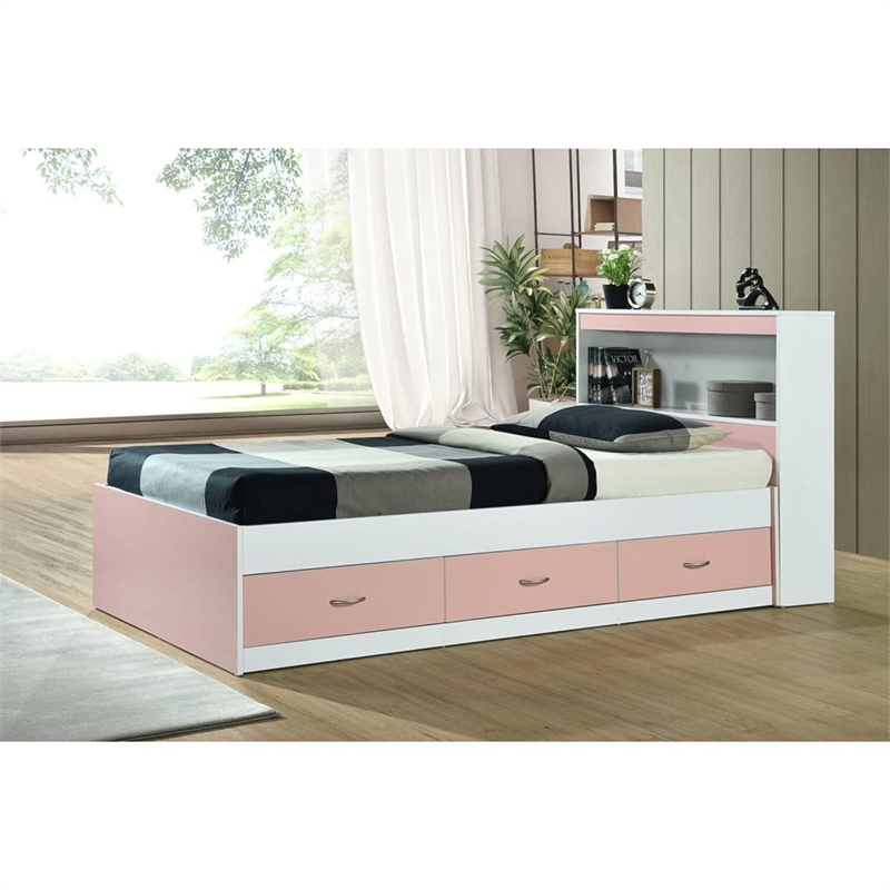 Hodedah Twin Size Captain Bed with 3 Drawers and Headboard in Pink Wood