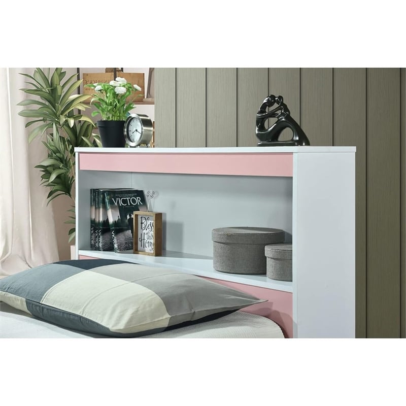 Hodedah Twin Size Captain Bed with 3 Drawers and Headboard in Pink Wood