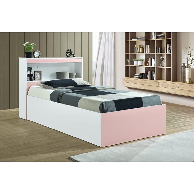 Hodedah Twin Size Captain Bed with 3 Drawers and Headboard in Pink Wood