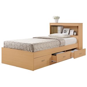 Hodedah Twin Size Captain Bed with 3 Drawers and Headboard in Beige Wood