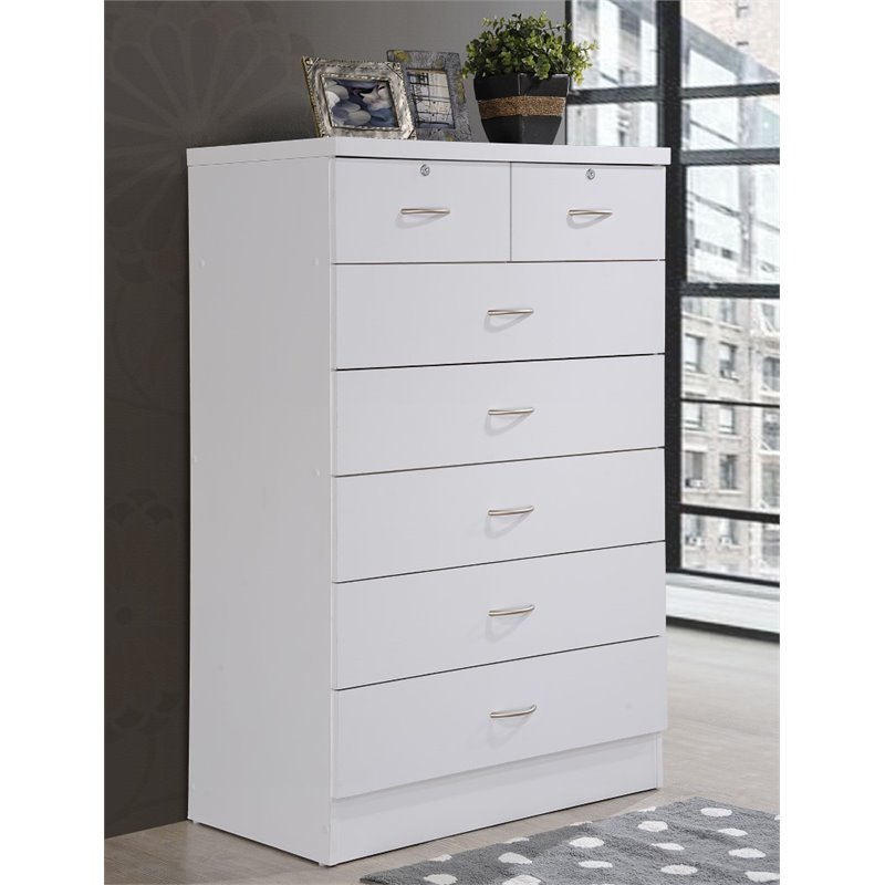 Hodedah 7 Drawer Chest with Locks on 2 Top Drawers in White Wood