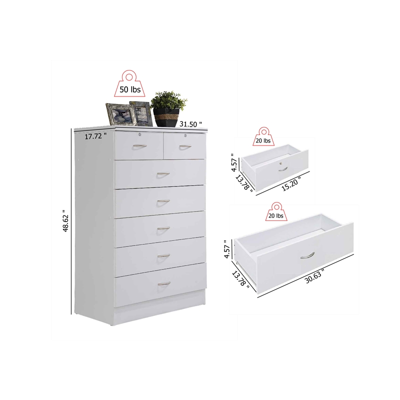 Hodedah 7 Drawer Chest with Locks on 2 Top Drawers in White Wood