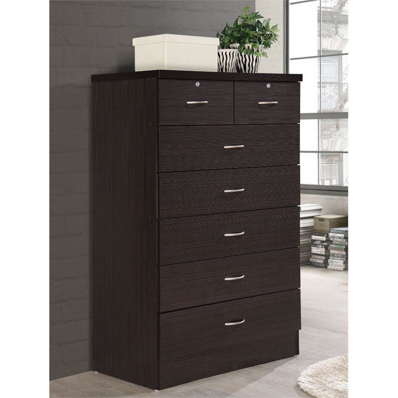 Hodedah 7 Drawer Chest with Locks on 2 Top Drawers in Chocolate Wood