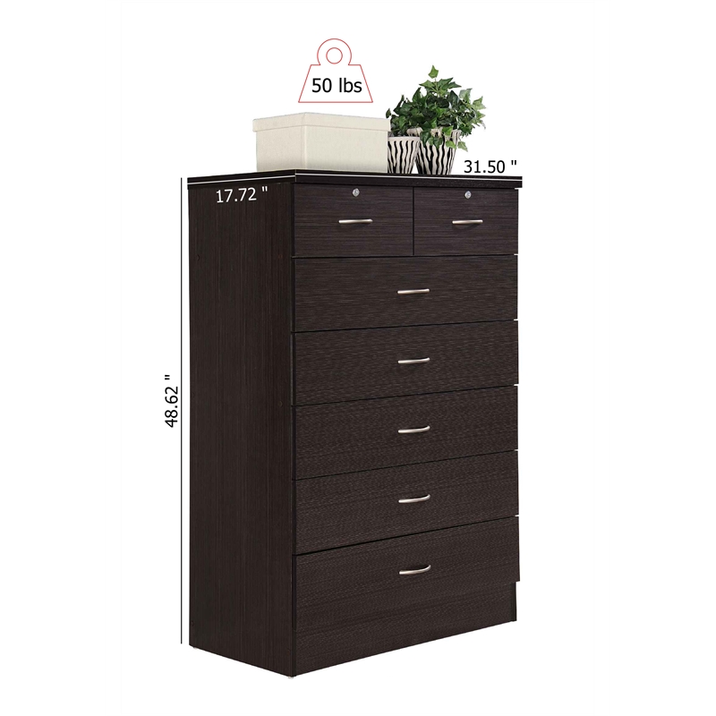 Hodedah 7 Drawer Chest with Locks on 2 Top Drawers in Chocolate Wood