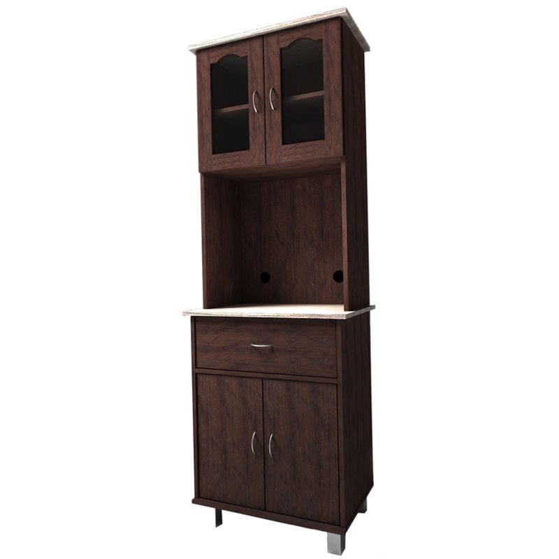 Hodedah Kitchen China with 4-Door 1-Drawer and Microwave Space in Chocolate Wood
