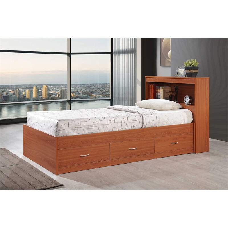Hodedah Twin Size Captain Bed with 3 Drawers and Headboard in Cherry Wood
