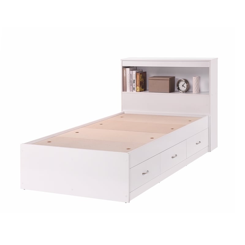 Hodedah Twin Size Captain Bed with 3 Drawers and Headboard in White Wood